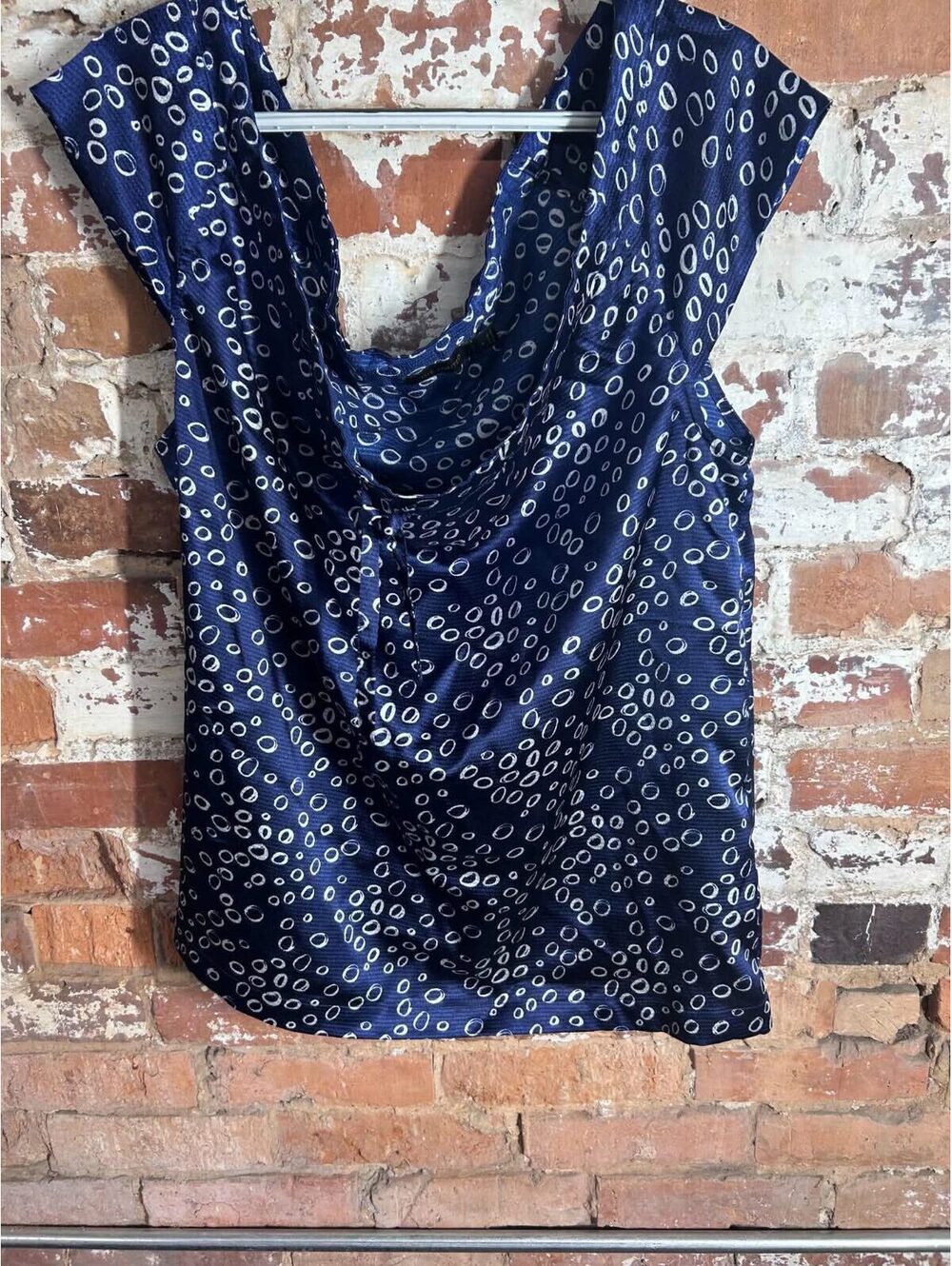 The Limited Navy Blue Satin Cowl Neck Sleeveless Blouse with White Circle Print